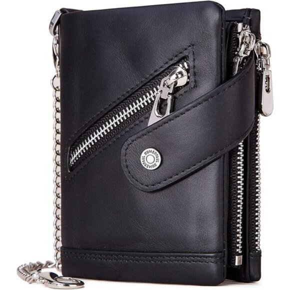 Men's Genuine Leather Chain Wallet - RFID Blocking, Bifold With Zipper, 12 Card Slots, Navy Blue - View #7